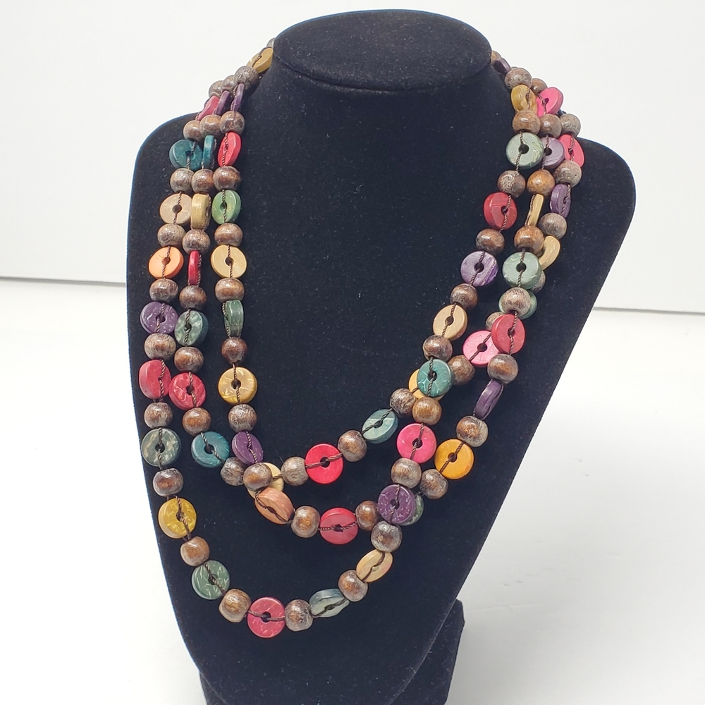 Wooden and thread long beaded necklace 58" Length